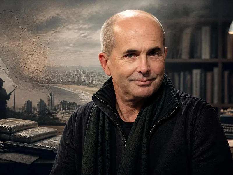 Portrait de l'écrivain Don Winslow devant une toile de fond évoquant l'univers des cartels et son bureau de travail