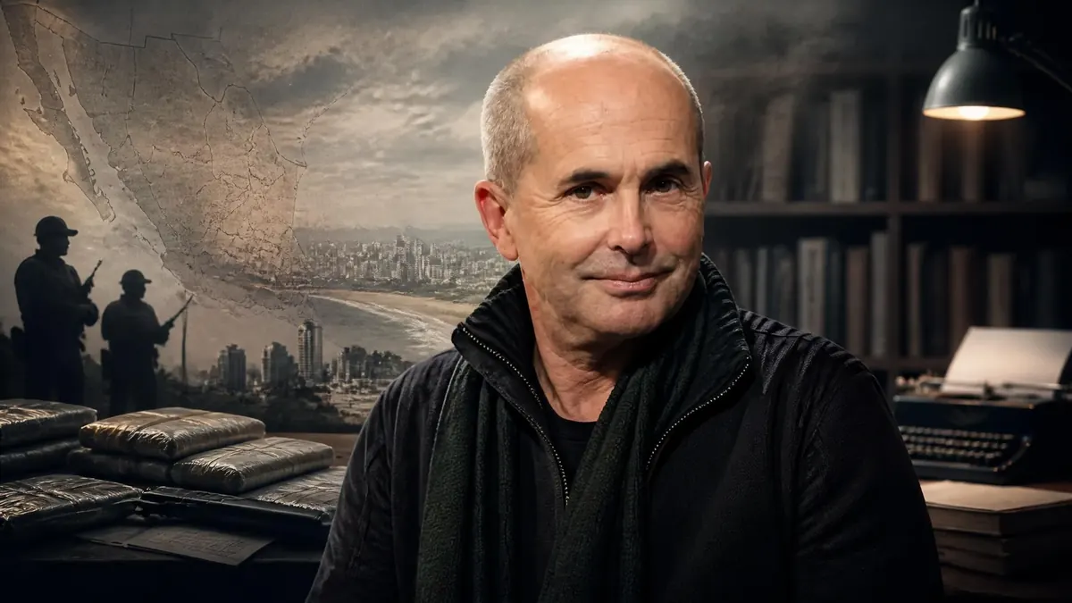 Portrait de l'écrivain Don Winslow devant une toile de fond évoquant l'univers des cartels et son bureau de travail