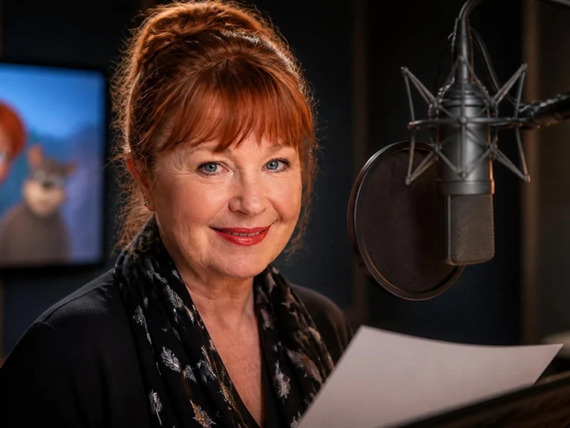 La comédienne Dorothée Jemma sourit devant un micro de studio d'enregistrement