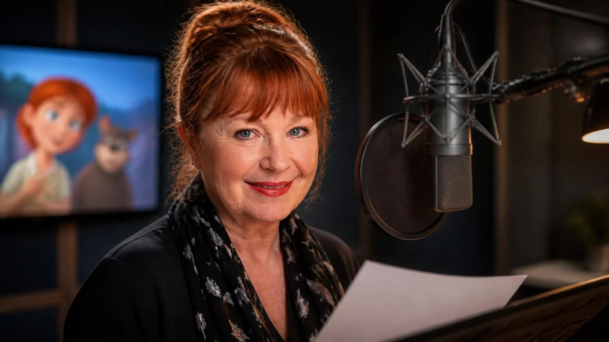 La comédienne Dorothée Jemma sourit devant un micro de studio d'enregistrement