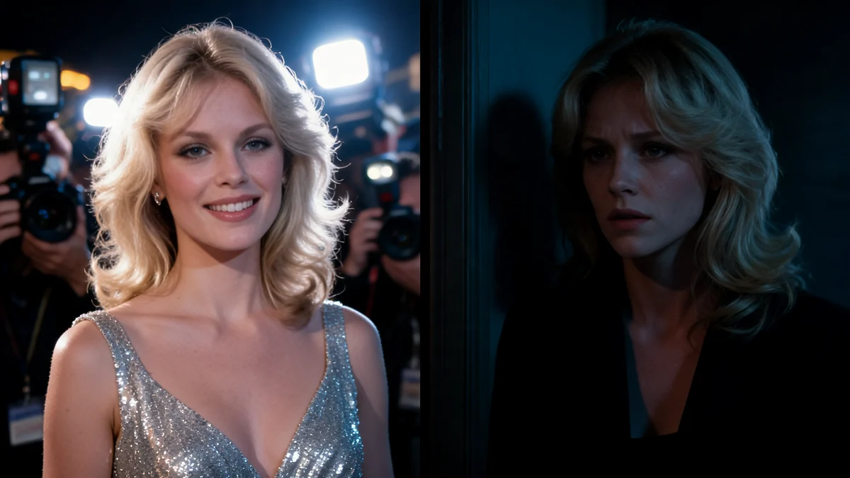 Deux portraits contrastés de Dorothy Stratten illustrant la dualité entre sa vie publique rayonnante et sa fin tragique