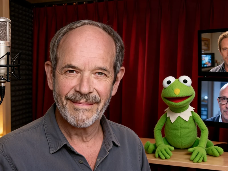 Le comédien de doublage Edgar Givry souriant dans un studio d'enregistrement avec Kermit la grenouille