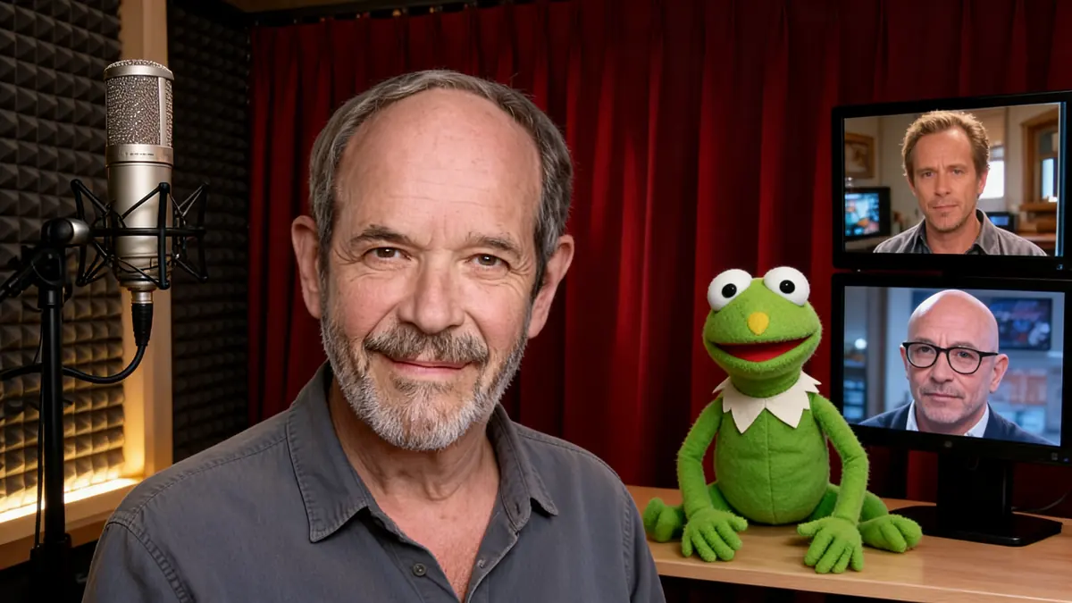 Le comédien de doublage Edgar Givry souriant dans un studio d'enregistrement avec Kermit la grenouille