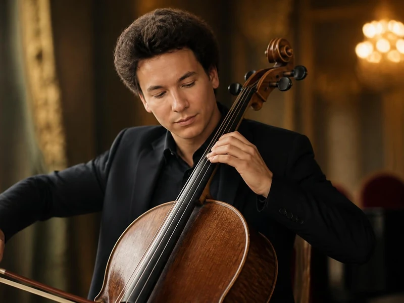 Le violoncelliste Edgar Moreau joue de son instrument avec concentration dans un intérieur élégant