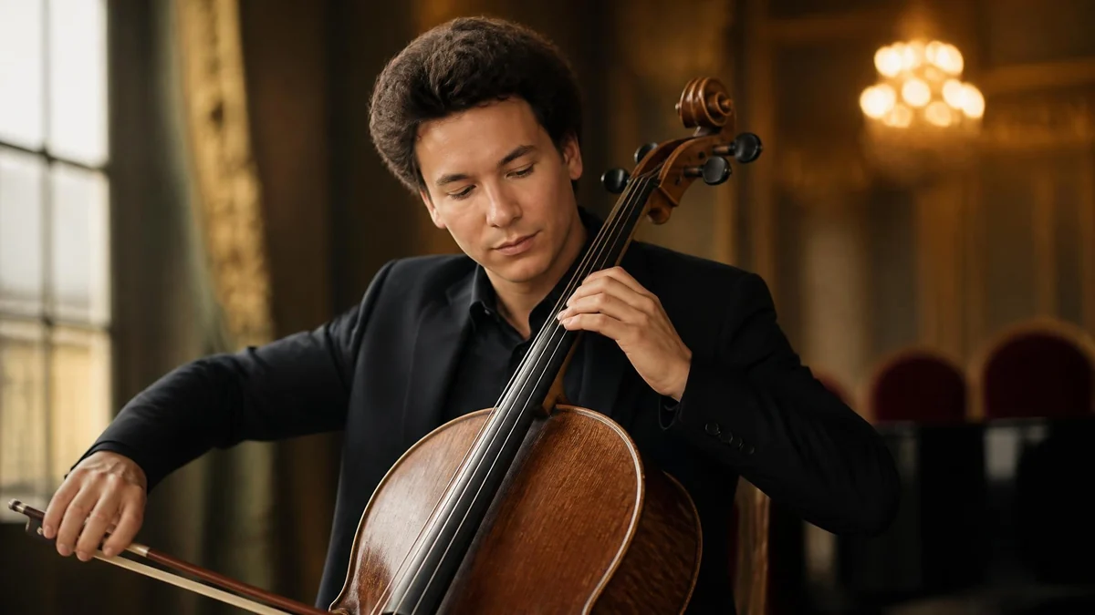 Le violoncelliste Edgar Moreau joue de son instrument avec concentration dans un intérieur élégant