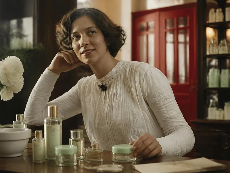 Une femme en tenue vintage entourée de flacons de cosmétiques évoquant l'univers d'Elizabeth Arden