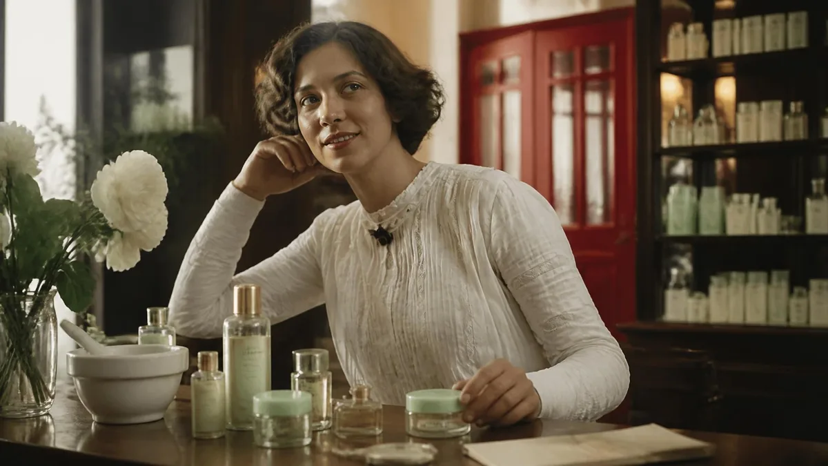 Une femme en tenue vintage entourée de flacons de cosmétiques évoquant l'univers d'Elizabeth Arden