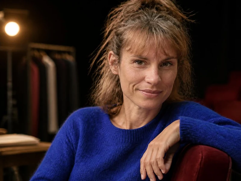 Portrait souriant d'Élodie menant une entrevue dans un théâtre avec des projecteurs en arrière-plan