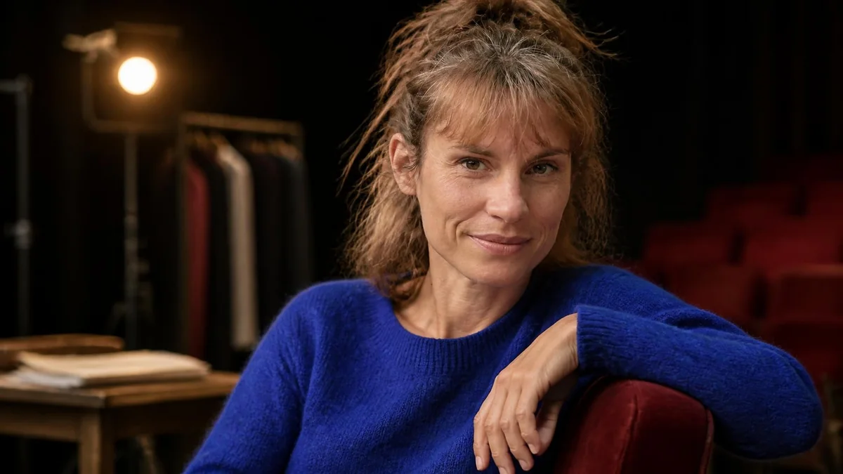 Portrait souriant d'Élodie menant une entrevue dans un théâtre avec des projecteurs en arrière-plan