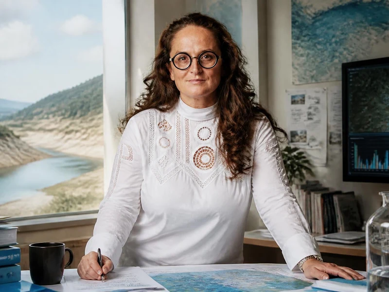 Portrait de la scientifique Emma Haziza travaillant à son bureau devant une vue sur un paysage naturel