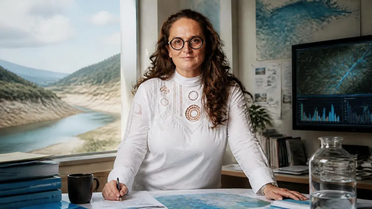 Portrait de la scientifique Emma Haziza travaillant à son bureau devant une vue sur un paysage naturel