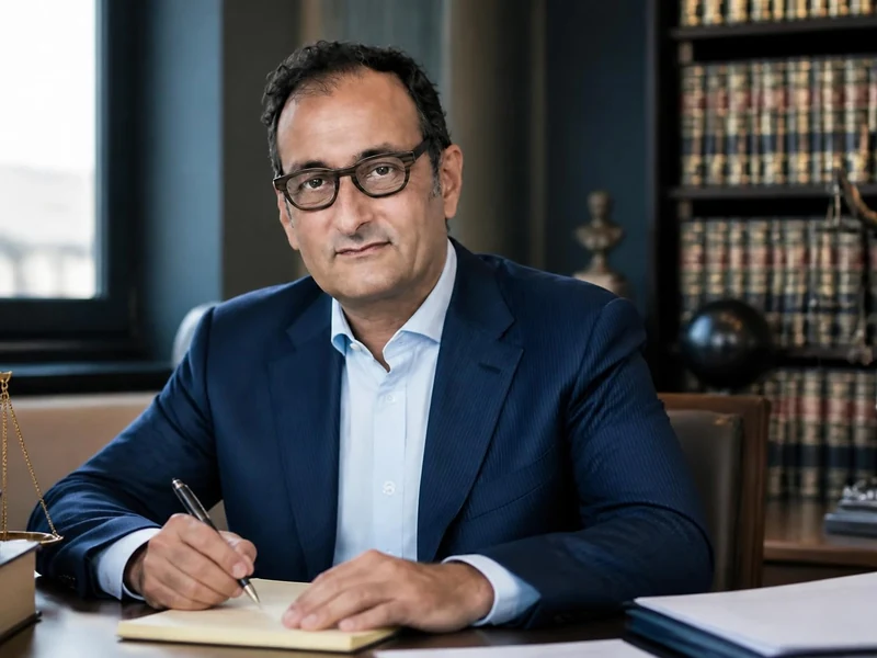 Portrait de l'avocat Emmanuel Daoud assis à son bureau devant une bibliothèque avec une balance de la justice