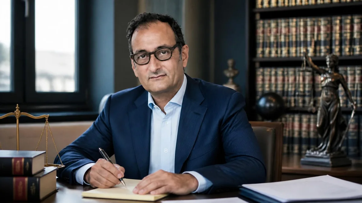 Portrait de l'avocat Emmanuel Daoud assis à son bureau devant une bibliothèque avec une balance de la justice
