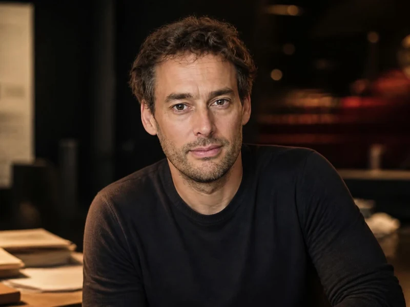 Portrait de l'acteur et metteur en scène Emmanuel Noblet assis à un bureau dans un studio de théâtre