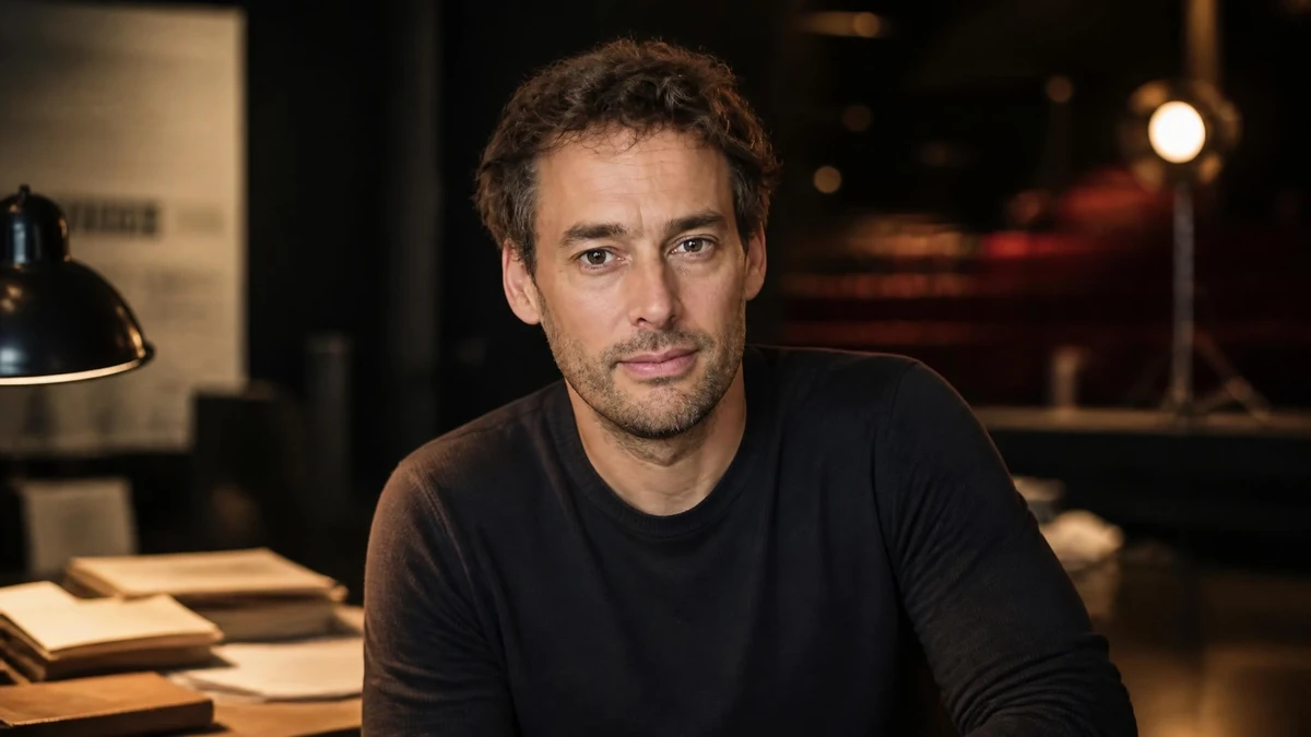 Portrait de l'acteur et metteur en scène Emmanuel Noblet assis à un bureau dans un studio de théâtre