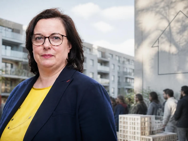 Portrait d'Emmanuelle Cosse devant un ensemble immobilier avec un groupe de personnes en arrière-plan
