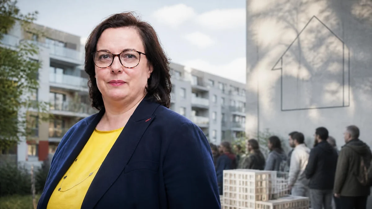 Portrait d'Emmanuelle Cosse devant un ensemble immobilier avec un groupe de personnes en arrière-plan