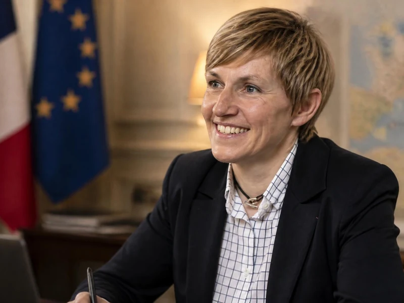 Portrait souriant d'Emmanuelle Mignon en veste sombre devant un drapeau français et un drapeau européen