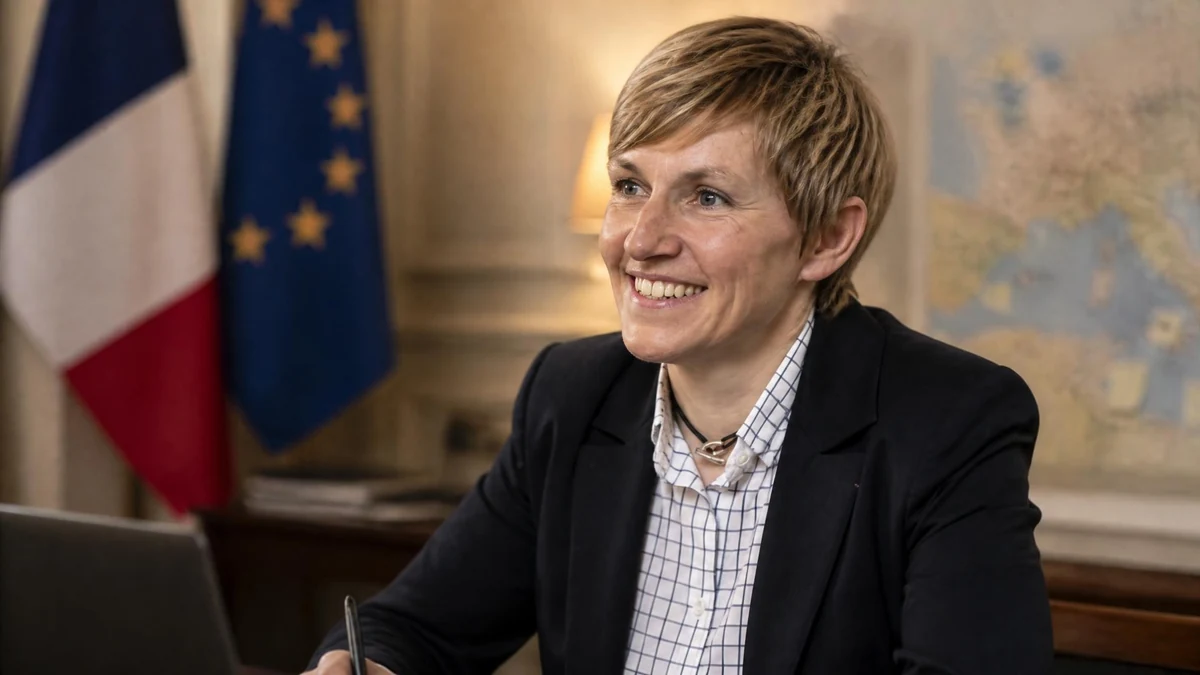 Portrait souriant d'Emmanuelle Mignon en veste sombre devant un drapeau français et un drapeau européen
