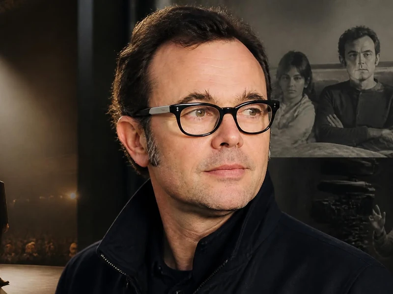 Portrait de l'acteur Éric Berger entouré d'images illustrant ses différents rôles au théâtre et au cinéma