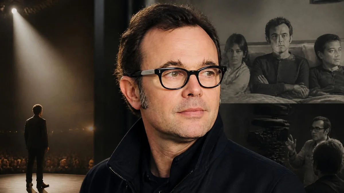 Portrait de l'acteur Éric Berger entouré d'images illustrant ses différents rôles au théâtre et au cinéma