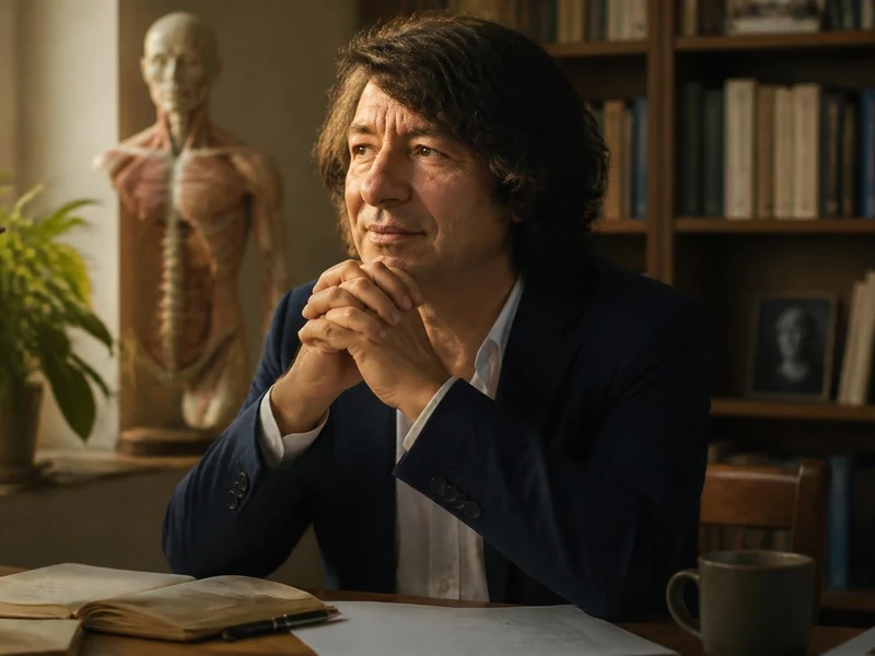 Éric Fiat assis à son bureau entouré de livres et d'un modèle anatomique dans une bibliothèque calme