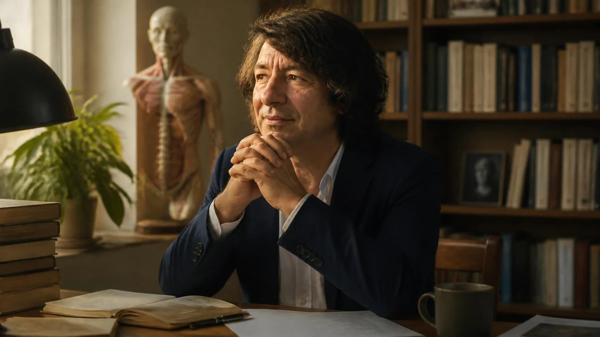 Éric Fiat assis à son bureau entouré de livres et d'un modèle anatomique dans une bibliothèque calme