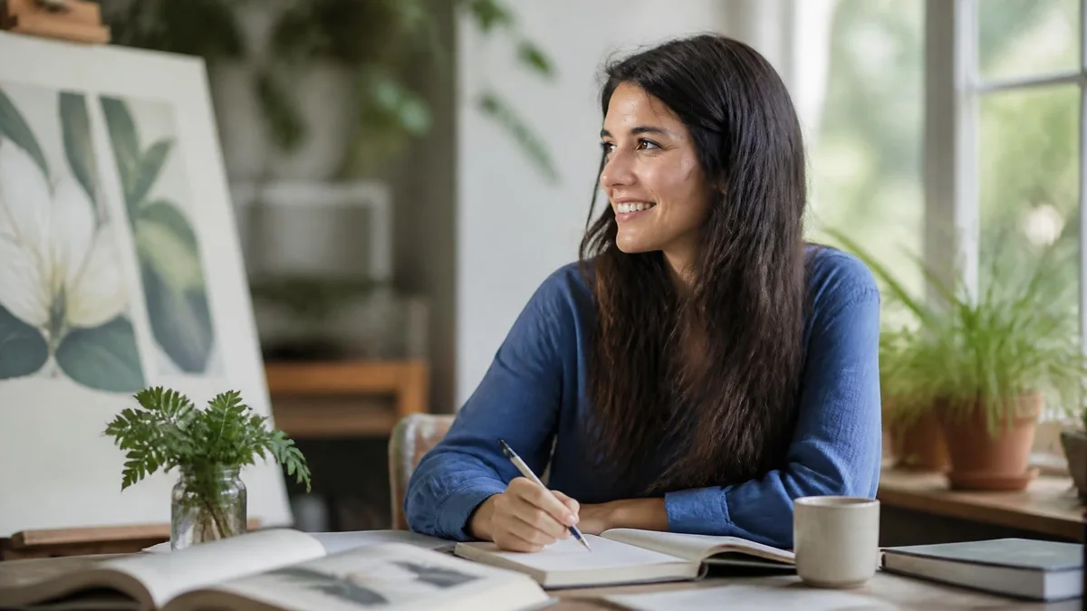 Estelle Zhong Mengual souriante en train d'écrire à un bureau entourée de livres et de plantes dans un atelier lumineux