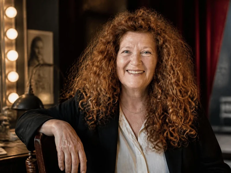 Portrait souriant de la comédienne Évelyne Didi dans une loge de théâtre avec des lumières en arrière-plan