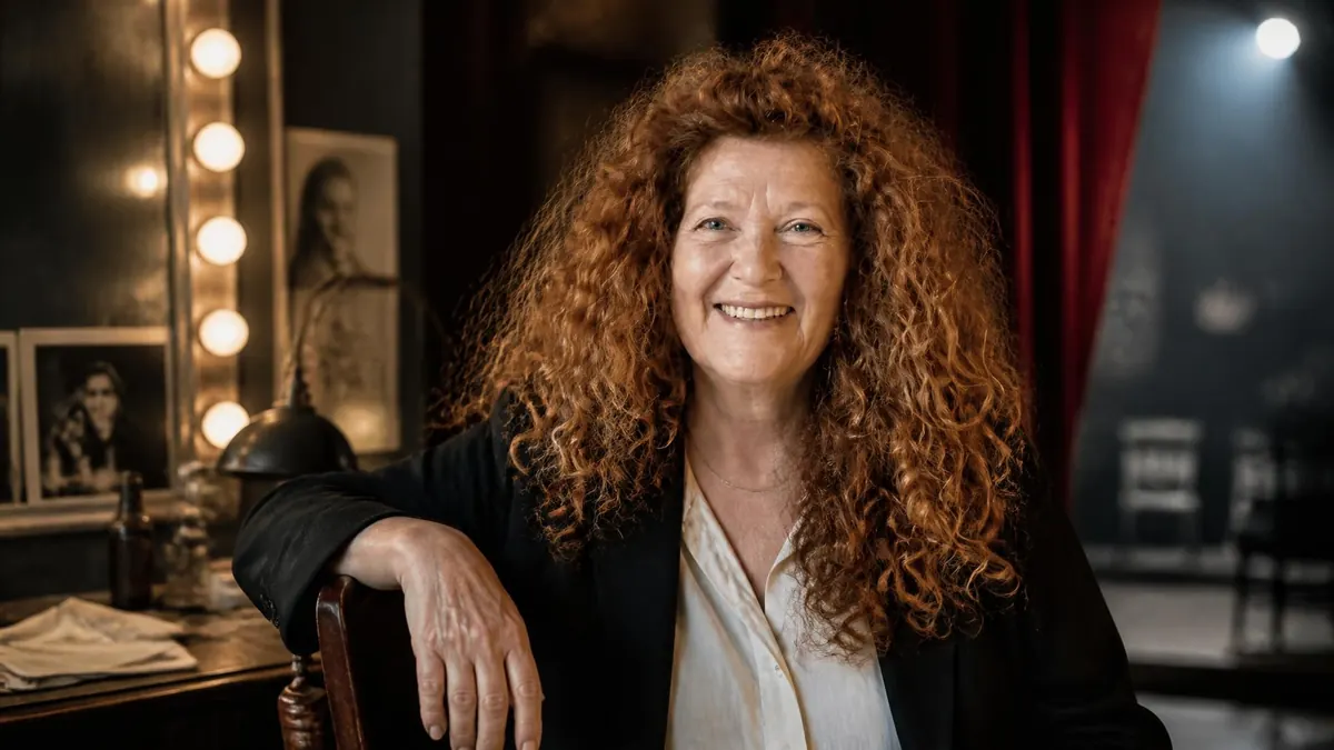Portrait souriant de la comédienne Évelyne Didi dans une loge de théâtre avec des lumières en arrière-plan