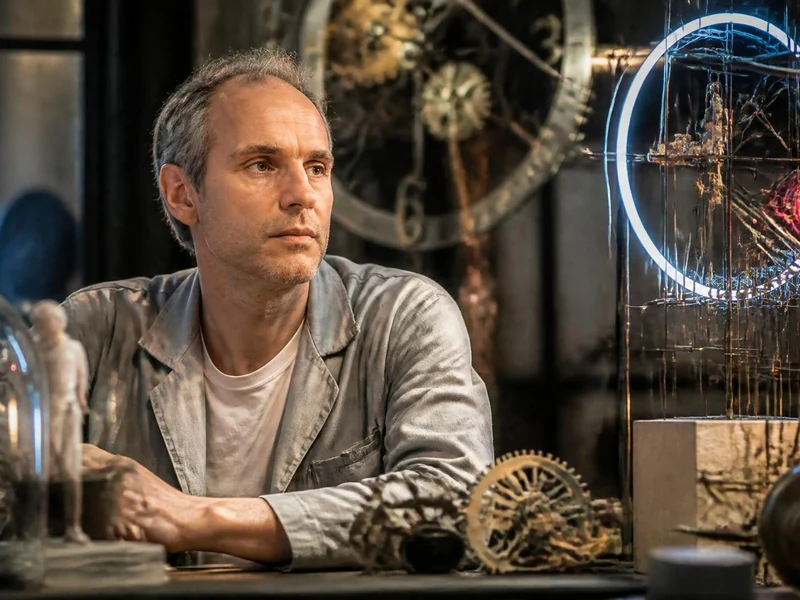 Fabien Chalon pose devant ses sculptures mécaniques complexes et poétiques dans son atelier