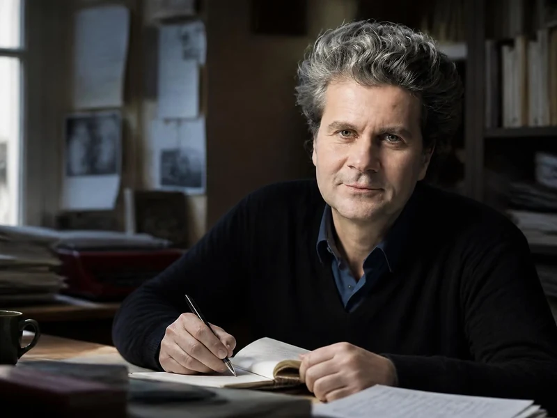 Fabrice Roger-Lacan est assis à son bureau en train d'écrire dans un carnet devant une bibliothèque remplie de livres