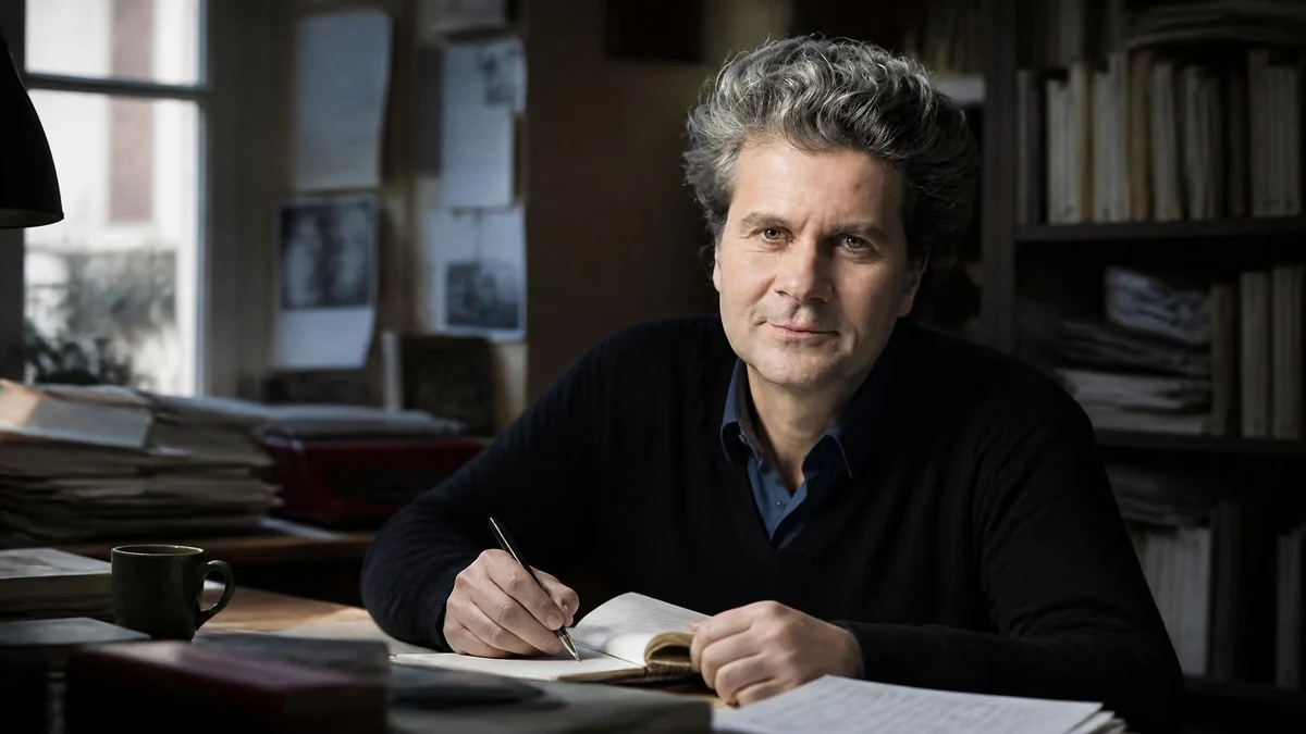Fabrice Roger-Lacan est assis à son bureau en train d'écrire dans un carnet devant une bibliothèque remplie de livres
