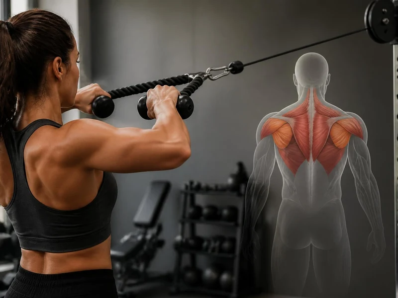 Une femme effectue un exercice de face pull à la poulie avec une représentation anatomique des muscles sollicités