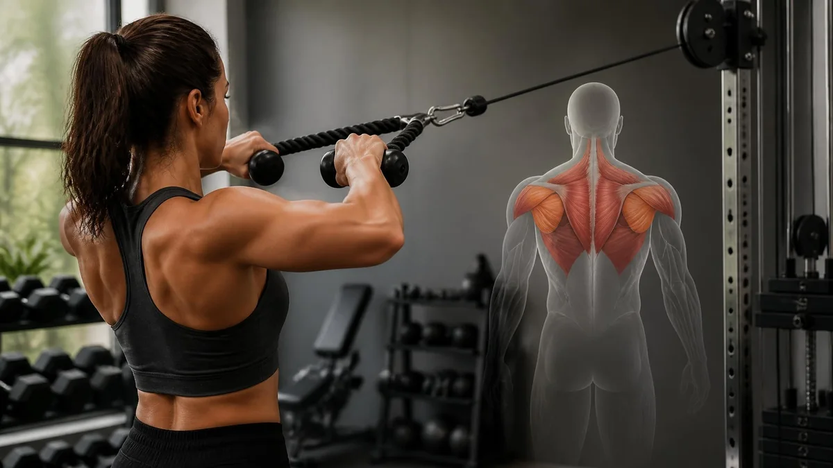 Une femme effectue un exercice de face pull à la poulie avec une représentation anatomique des muscles sollicités