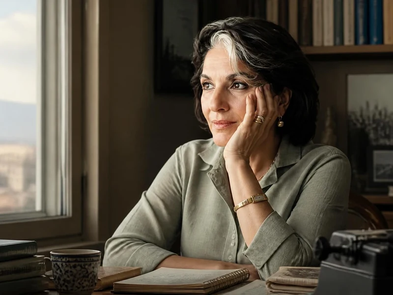 Fariba Hachtroudi songeuse devant une fenêtre avec des livres et une machine à écrire sur son bureau