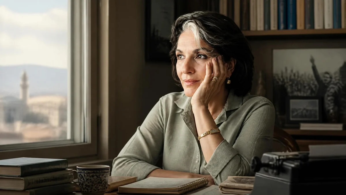 Fariba Hachtroudi songeuse devant une fenêtre avec des livres et une machine à écrire sur son bureau