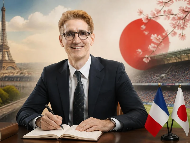 Florent Dabadie, en costume, écrit à son bureau devant des symboles évoquant la France et le Japon