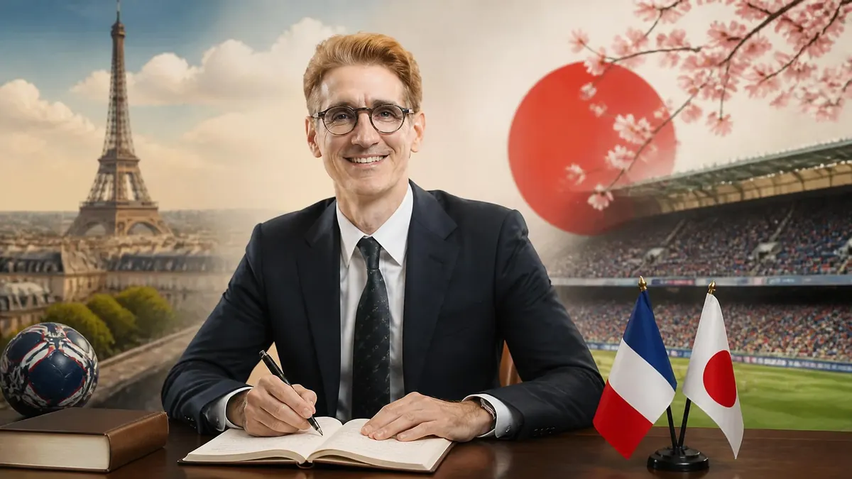 Florent Dabadie, en costume, écrit à son bureau devant des symboles évoquant la France et le Japon