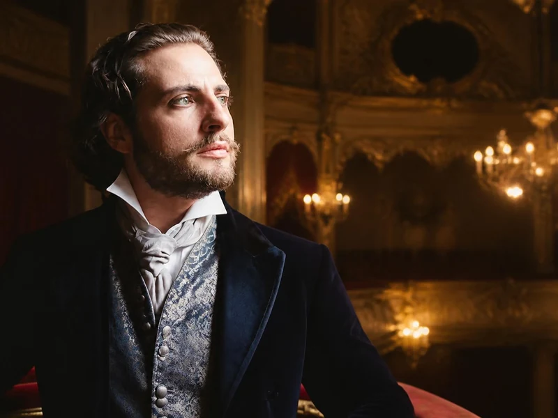 Portrait élégant du baryton Florian Sempey posant dans un décor de théâtre classique richement orné