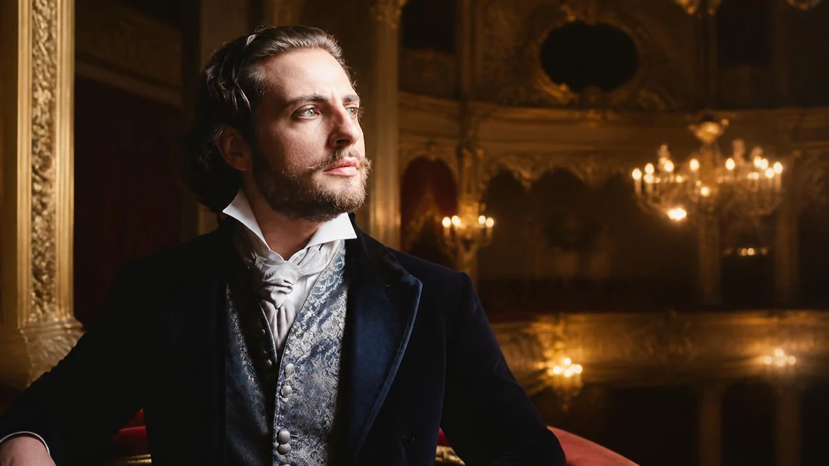 Portrait élégant du baryton Florian Sempey posant dans un décor de théâtre classique richement orné