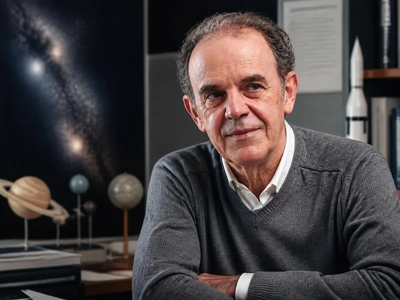 Portrait de l'astrophysicien Francis Rocard dans son bureau entouré de modèles de planètes et d'objets spatiaux