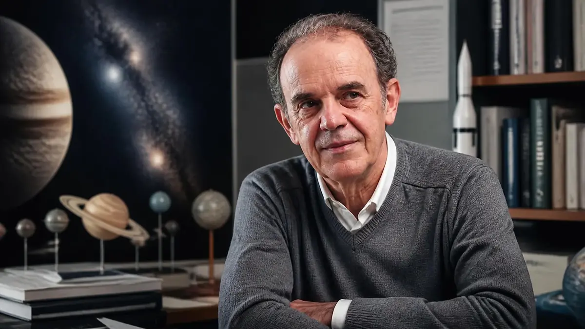 Portrait de l'astrophysicien Francis Rocard dans son bureau entouré de modèles de planètes et d'objets spatiaux