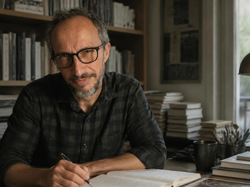 François Cusset assis à son bureau devant des étagères remplies de livres avec un stylo à la main