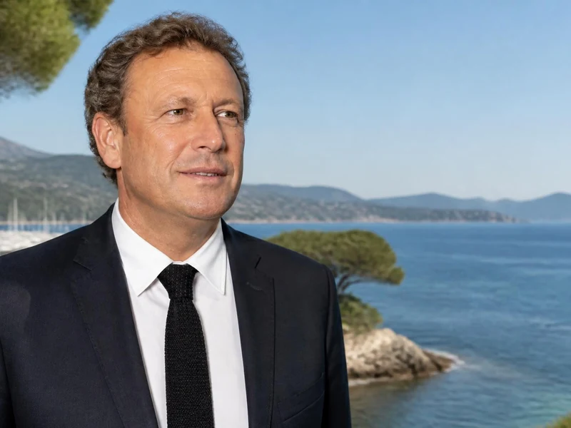 Portrait en buste de François de Canson devant un paysage côtier méditerranéen ensoleillé