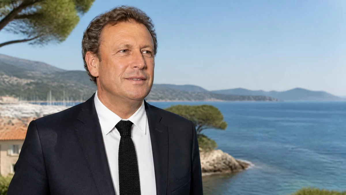 Portrait en buste de François de Canson devant un paysage côtier méditerranéen ensoleillé