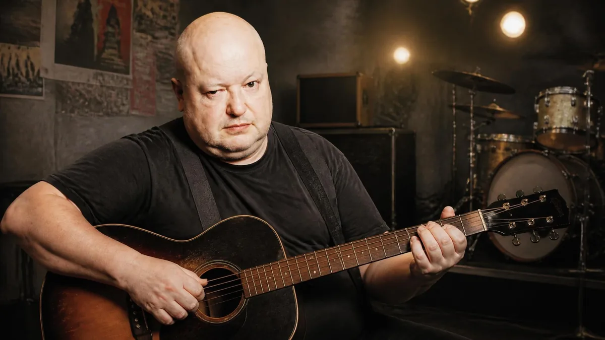 François Hadji-Lazaro joue de la guitare acoustique dans un studio de musique en arrière-plan