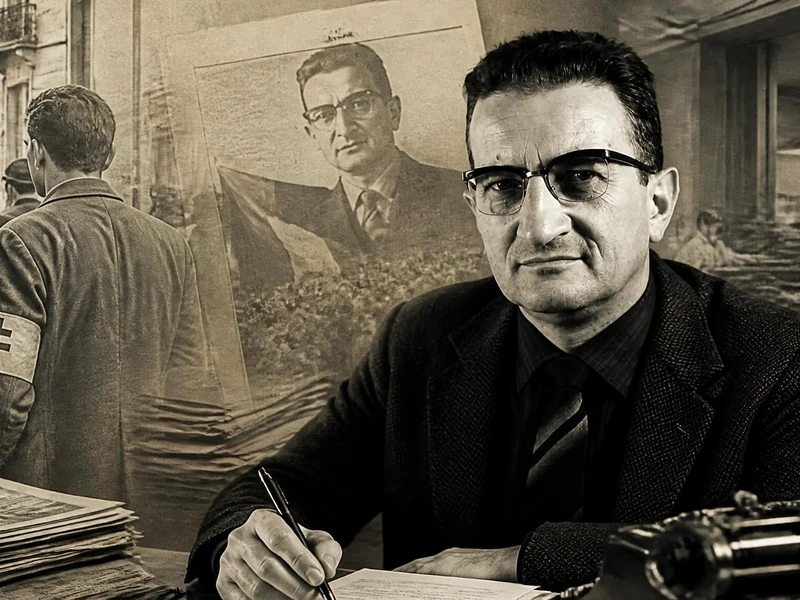 Portrait de François Lescure en costume devant une scène historique mêlant des résistants et une salle de rédaction