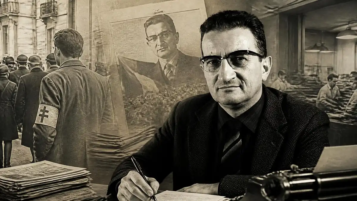 Portrait de François Lescure en costume devant une scène historique mêlant des résistants et une salle de rédaction