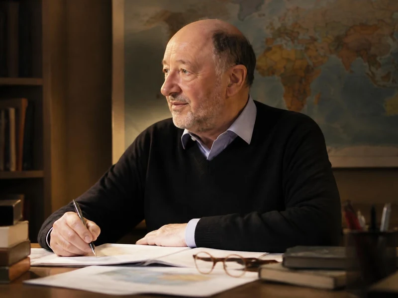 François Martin travaille assis à son bureau dans une pièce ornée d'une carte du monde et d'une bibliothèque
